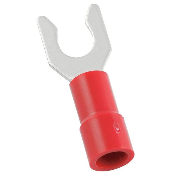 Terminal de horquilla bloqueable de vinil para cables de 22-16 AWG con perno #8. Paquete de 100 unidades.