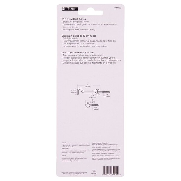 Prosource Gate Hook and Eye, 3/16 in Dia Wire, 6 in L, Steel - LR-420-PS