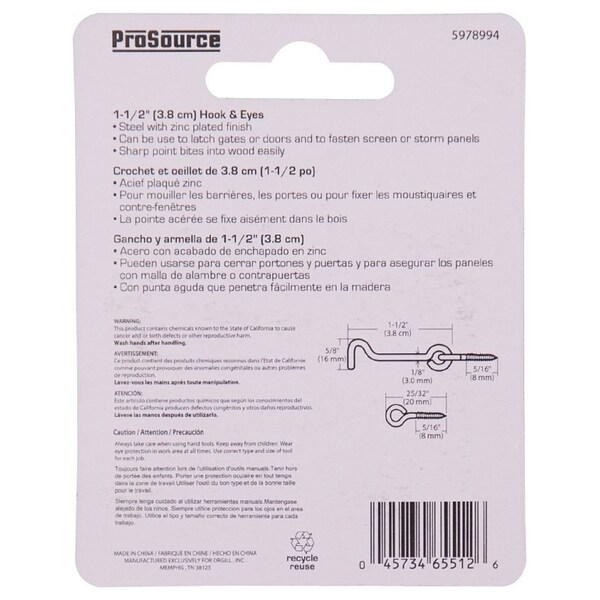 Prosource Gate Hook and Eye, 1/8 in Dia Wire, 1-1/2 in L, Steel - LR-415-PS