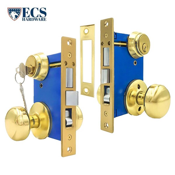 Ecs Hardware Durable Mortise Lockset Gate Lock with Knob US3 Gold SC1 Keyway, Double Sided, Left Handed - ECSH-MLD02-PB-SC1-LH