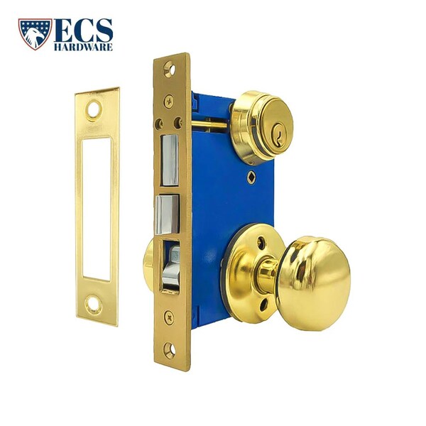 Ecs Hardware Durable Mortise Lockset Gate Lock with Knob US3 Gold SC1 Keyway, Double Sided, Left Handed - ECSH-MLD02-PB-SC1-LH
