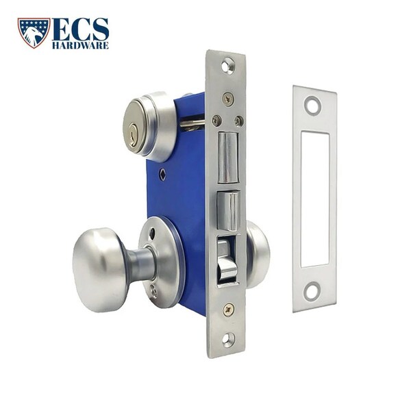 Ecs Hardware Durable Mortise Lockset Gate Lock with Knob US26D Silver SC1 Keyway, Double Sided, Left Handed - ECSH-MLD02-SS-SC1-RH
