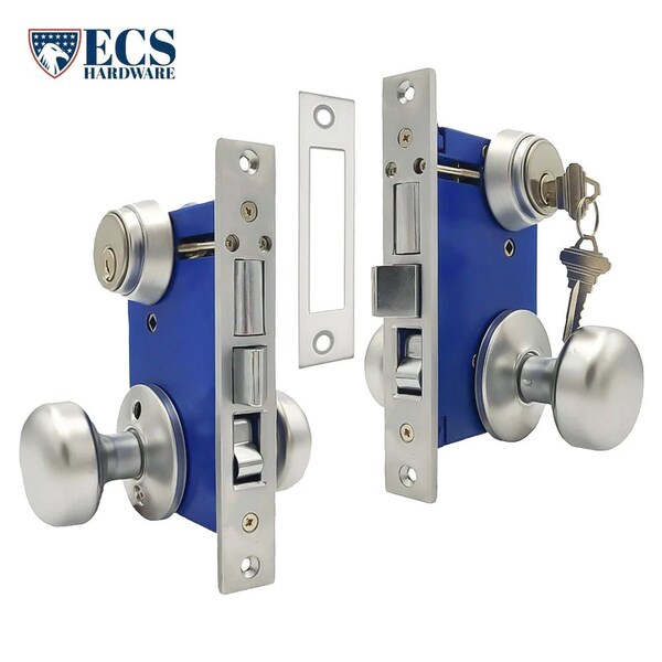 Ecs Hardware Durable Mortise Lockset Gate Lock with Knob US26D Silver SC1 Keyway, Double Sided, Left Handed - ECSH-MLD02-SS-SC1-RH