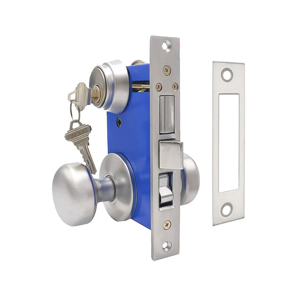 Ecs Hardware Durable Mortise Lockset Gate Lock with Knob US26D Silver SC1 Keyway, Double Sided, Right Handed - ECSH-MLD02-SS-SC1-LH
