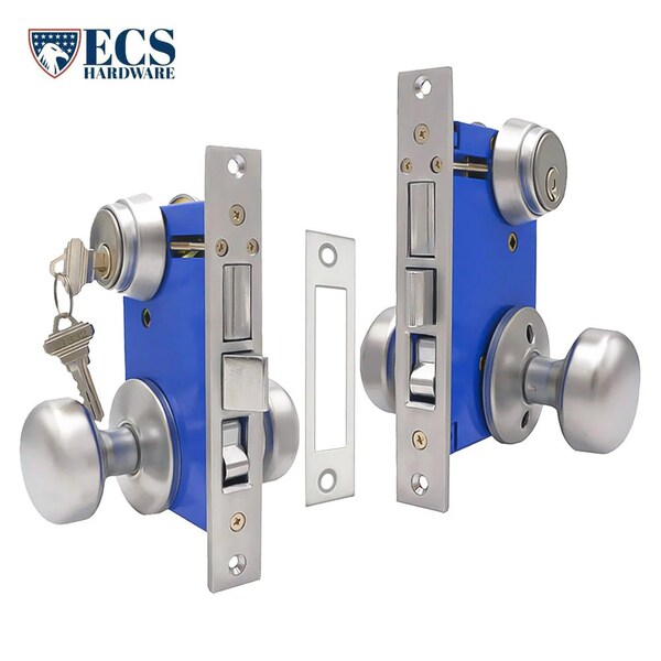 Ecs Hardware Durable Mortise Lockset Gate Lock with Knob US26D Silver SC1 Keyway, Double Sided, Right Handed - ECSH-MLD02-SS-SC1-LH