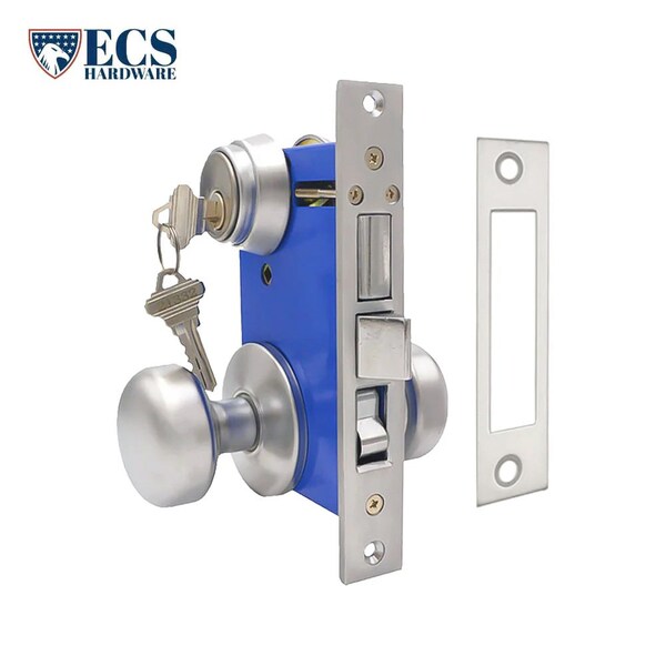 Ecs Hardware Durable Mortise Lockset Gate Lock with Knob US26D Silver SC1 Keyway, Double Sided, Right Handed - ECSH-MLD02-SS-SC1-LH