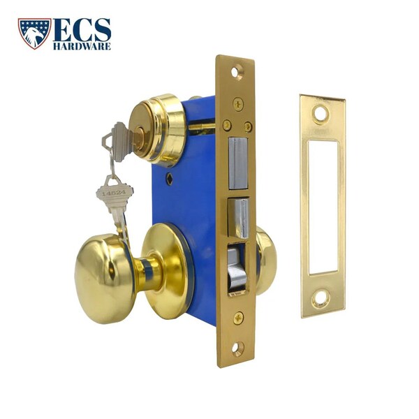 Ecs Hardware Durable Mortise Lockset Gate Lock with Knob US3 Gold SC1 Keyway, Double Sided, Right Handed - ECSH-MLD02-PB-SC1-RH