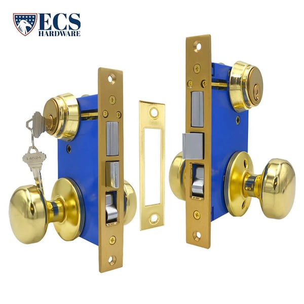 Ecs Hardware Durable Mortise Lockset Gate Lock with Knob US3 Gold SC1 Keyway, Double Sided, Right Handed - ECSH-MLD02-PB-SC1-RH