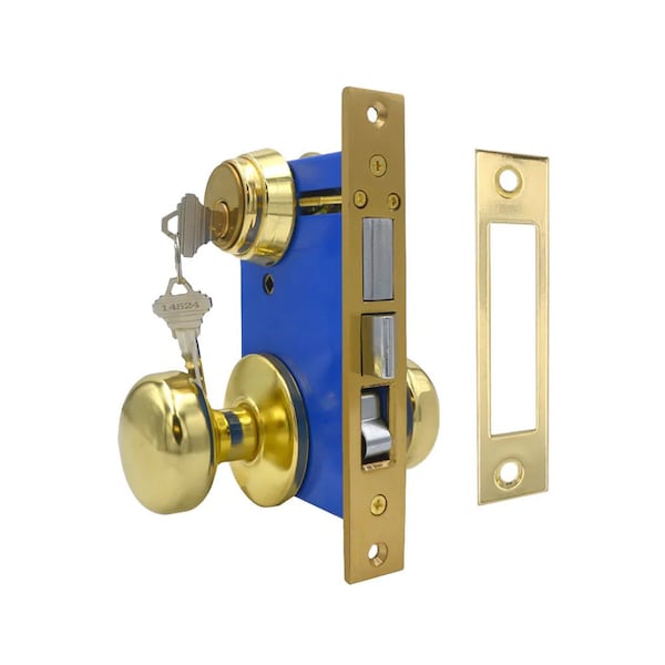 Ecs Hardware Durable Mortise Lockset Gate Lock with Knob US3 Gold SC1 Keyway, Double Sided, Right Handed - ECSH-MLD02-PB-SC1-RH