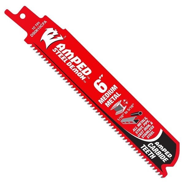 Diablo Steel Demon AMPED Reciprocating Saw Blade, 1 in W, 6 in L, 10 TPI, Carbide Cutting Edge - DS0610CFA