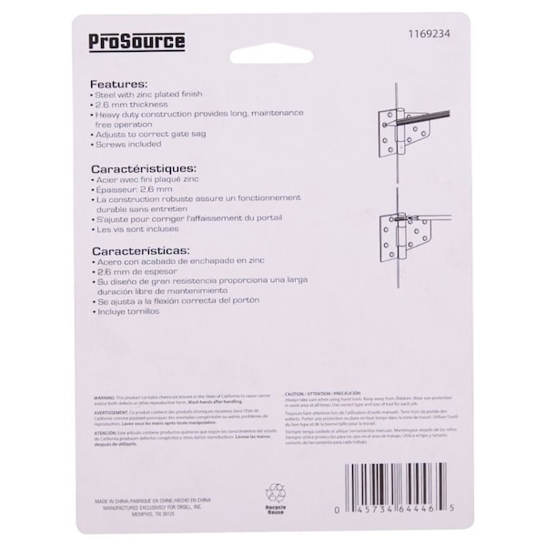 Prosource Gate Hinge, Steel, Zinc, Fixed Pin, 180 deg Range of Motion, 46 Pair lb - LR-181-PS