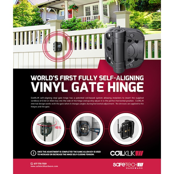 Safetech Hardware Heavy Duty Self-Closing Vinyl Gate Hinges, Black - SHC-135