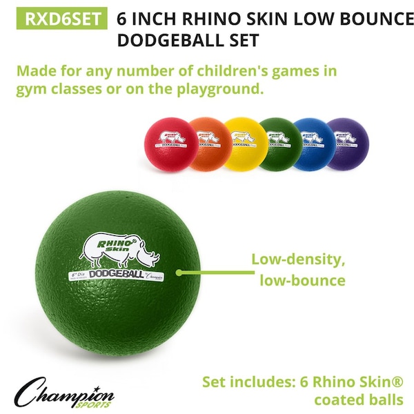 Champion Sports Dodge Ball Set, Low-Bounce, 6", 6/Set, Assorted - CSIRXD6SET