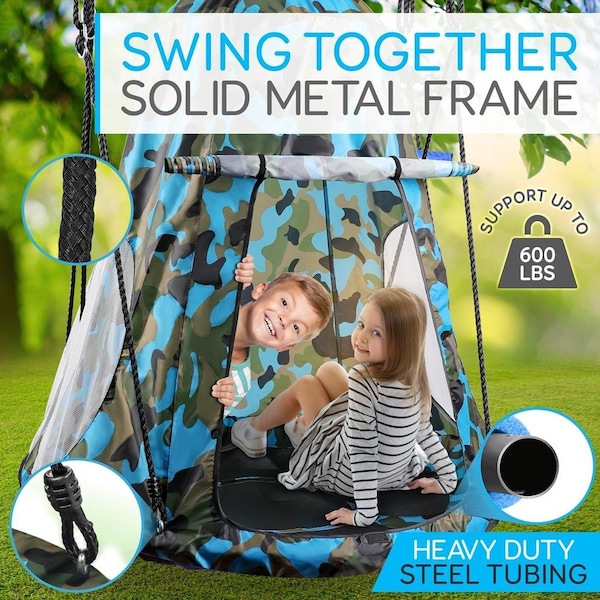 Serenelife Children's Tree Swing Tent - Indoor/Outdoor Hanging Rope Swing Hangout Kit Camo - SLSWNG350CM