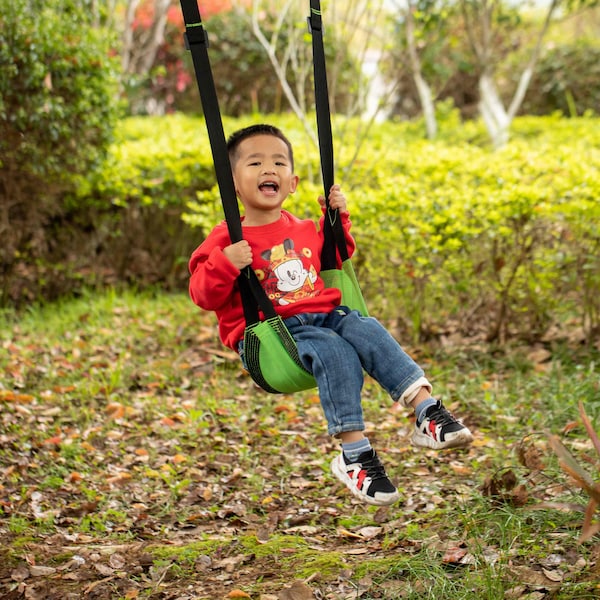 Playberg Patio Playground Kids Fun Hanging Mesh Fabric Tree Swing with Adjustable Strap, Green - QI004560.GN