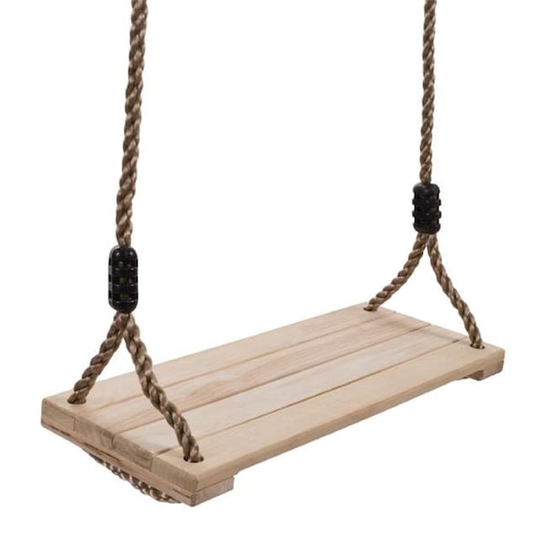Hey Play Hey! Play! 80-SA-062 Wooden Swing  Outdoor Flat Bench Seat with Adjustable Nylon Hanging Rope for Kids Playset Frame or Tree  Backyard Swinging Toy  Brown - 80-SA-062