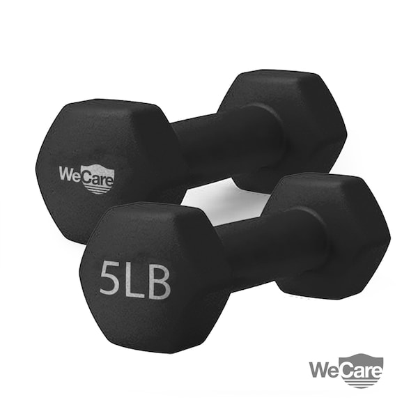 Wecare Fitness Neoprene Coated 5 Lbs Dumbbells for Non-Slip Grip, Set of Two, Black, 2PK - WC-2P-5LB-BK