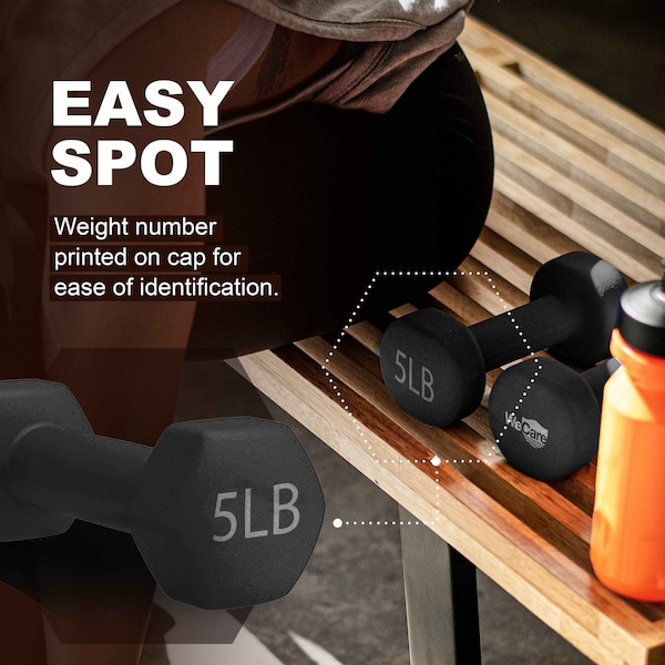 Wecare Fitness Neoprene Coated 5 Lbs Dumbbells for Non-Slip Grip, Set of Two, Black, 2PK - WC-2P-5LB-BK