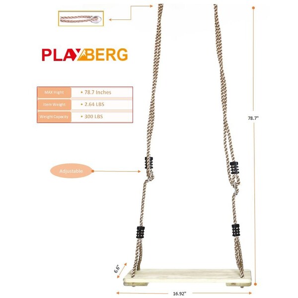 Playberg Wooden Swings with 4 Included Ropes, Tree Swing, Swing Bar, Climbing Rope Ladder and Swing Seat - QI003370.SET