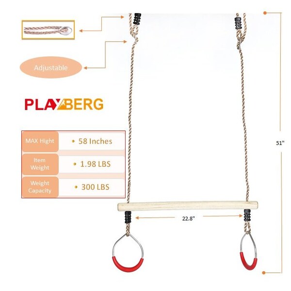 Playberg Wooden Swings with 4 Included Ropes, Tree Swing, Swing Bar, Climbing Rope Ladder and Swing Seat - QI003370.SET