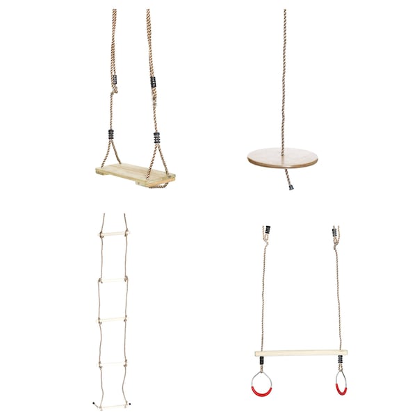 Playberg Wooden Swings with 4 Included Ropes, Tree Swing, Swing Bar, Climbing Rope Ladder and Swing Seat - QI003370.SET