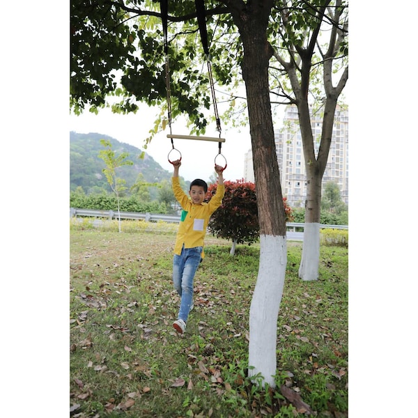 Playberg Wooden Swings with 4 Included Ropes, Tree Swing, Swing Bar, Climbing Rope Ladder and Swing Seat - QI003370.SET