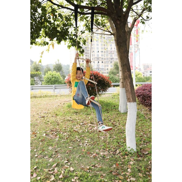 Playberg Wooden Swings with 4 Included Ropes, Tree Swing, Swing Bar, Climbing Rope Ladder and Swing Seat - QI003370.SET