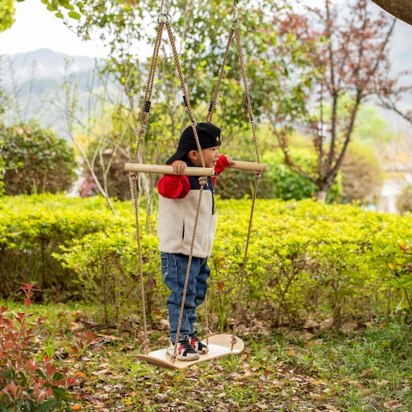 Playberg Wooden Outdoor Playground Kids Hanging Adjustable Stand Up Skateboard Swing, Tree Curved Swing Board - QI004568