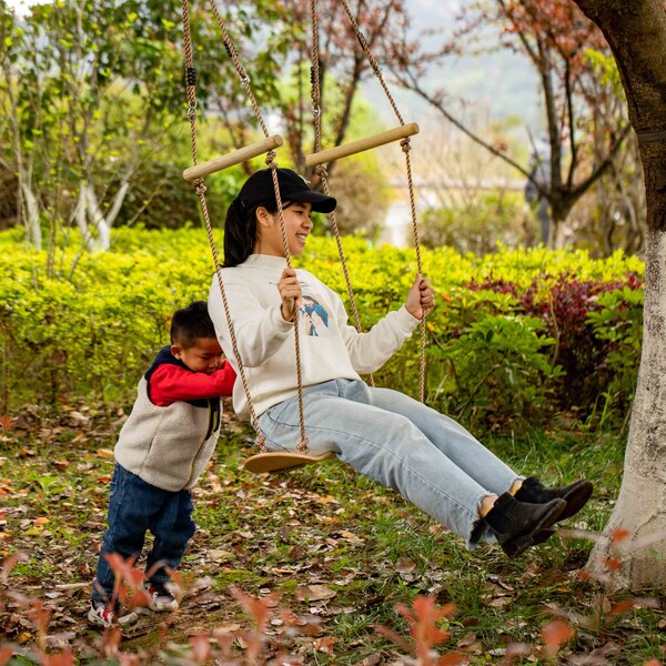 Playberg Wooden Outdoor Playground Kids Hanging Adjustable Stand Up Skateboard Swing, Tree Curved Swing Board - QI004568