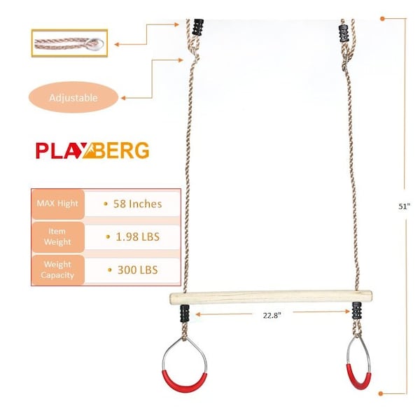 Playberg Kids Trapeze Swing Bar with Rings with Hanging Ropes - QI003372