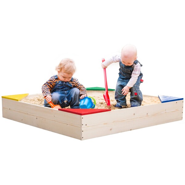 Playberg Outdoor Wooden Sand Box with Floor Cover and Waterproof Protection Cover, Square Sandpit for Kids - QI003792_SET