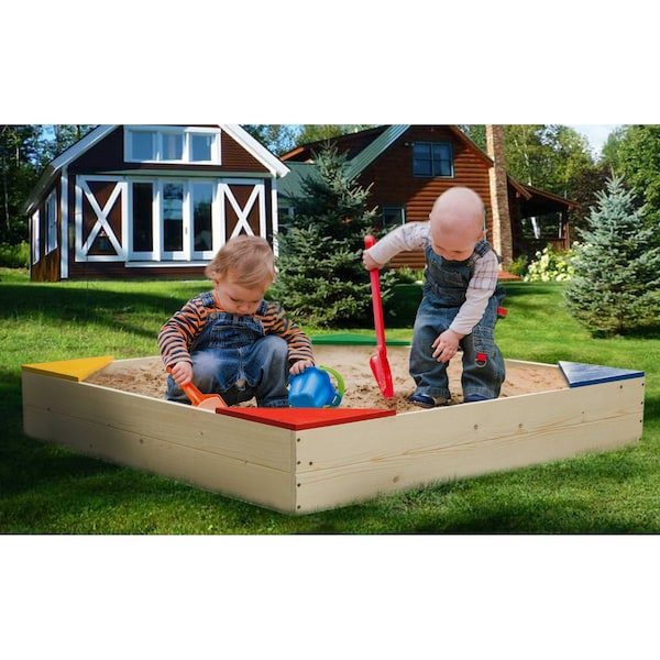 Playberg Outdoor Wooden Sand Box with Floor Cover and Waterproof Protection Cover, Square Sandpit for Kids - QI003792_SET