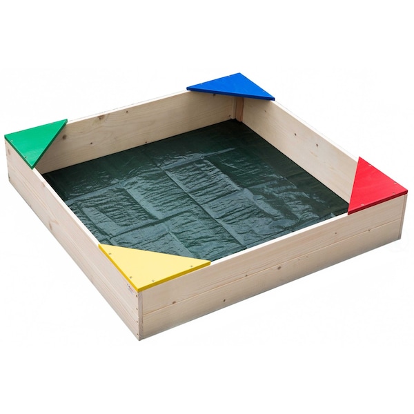Playberg Outdoor Wooden Sand Box with Floor Cover and Waterproof Protection Cover, Square Sandpit for Kids - QI003792_SET