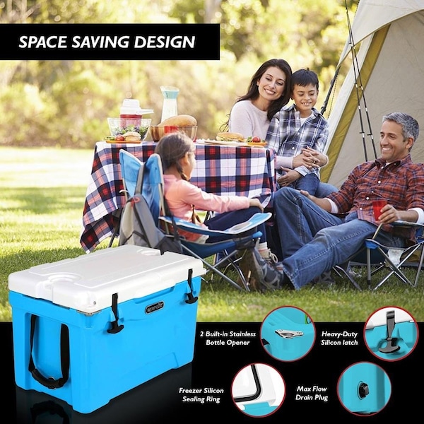 Serenelife Portable Cooler Box - Holds Up to 63 Cans, Keeps Ice Up to 5 Days, Heavy-Duty 75-Quart (Blue) - SLCB75BL