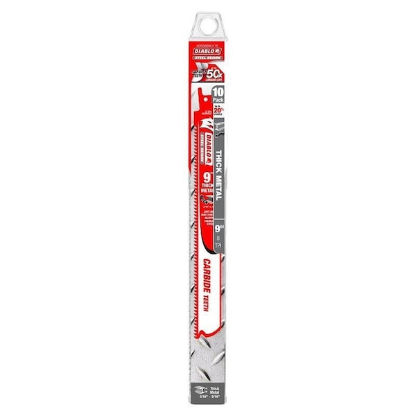 Diablo Steel Demon Reciprocating Saw Blade, 1 in W, 9 in L, 8 TPI, Carbide Cutting Edge - DS0908CF10