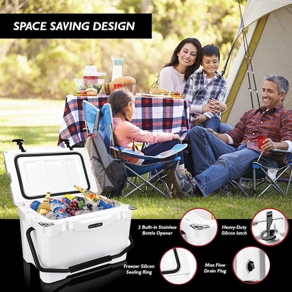 Serenelife Portable Cooler Box - Holds Up to 63 Cans, Keeps Ice Up to 5 Days, Heavy-Duty 25-Quart (White) - SLCB25