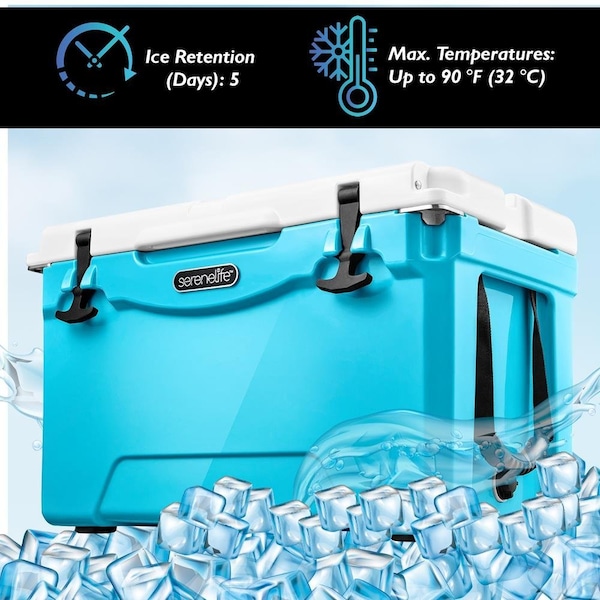 Serenelife Portable Cooler Box - Holds Up to 63 Cans, Keeps Ice Up to 5 Days, Heavy-Duty 50-Quart (Blue) - SLCB50BL