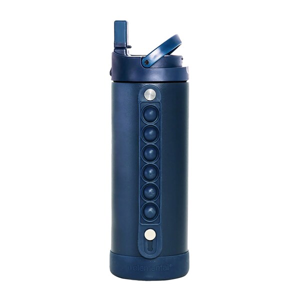 Elemental SS 14oz Fidget Water Bottle Thermos W/ Flip-open Sports Cap, Bubble Strap & 2 Straws, Navy - EB14NB16P