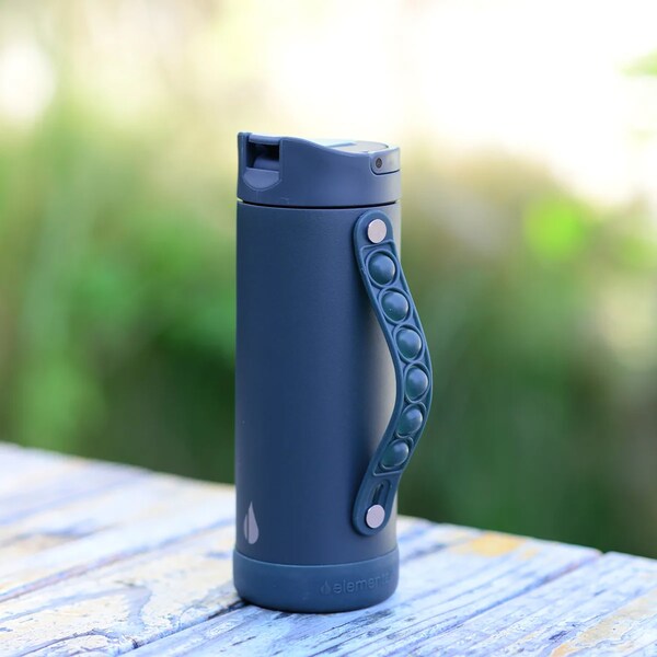 Elemental SS 14oz Fidget Water Bottle Thermos W/ Flip-open Sports Cap, Bubble Strap & 2 Straws, Navy - EB14NB16P