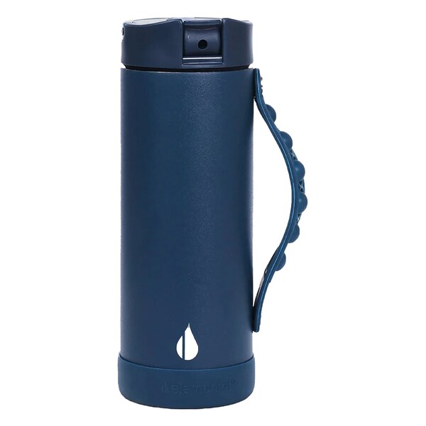Elemental SS 14oz Fidget Water Bottle Thermos W/ Flip-open Sports Cap, Bubble Strap & 2 Straws, Navy - EB14NB16P