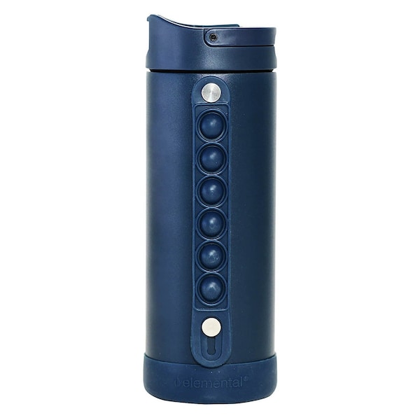 Elemental SS 14oz Fidget Water Bottle Thermos W/ Flip-open Sports Cap, Bubble Strap & 2 Straws, Navy - EB14NB16P