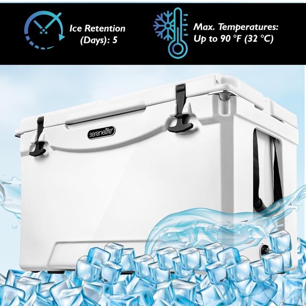 Serenelife Portable Cooler Box - Holds Up to 63 Cans, Keeps Ice Up to 5 Days, Heavy-Duty 75-Quart (White) - SLCB75