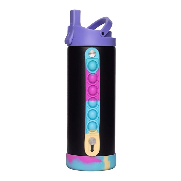 Elemental SS 14oz Fidget Water Bottle Thermos W/ Flip-open Sports Cap, Bubble Strap & 2 Straws, Blk Tie Dye - EB14BTD18P