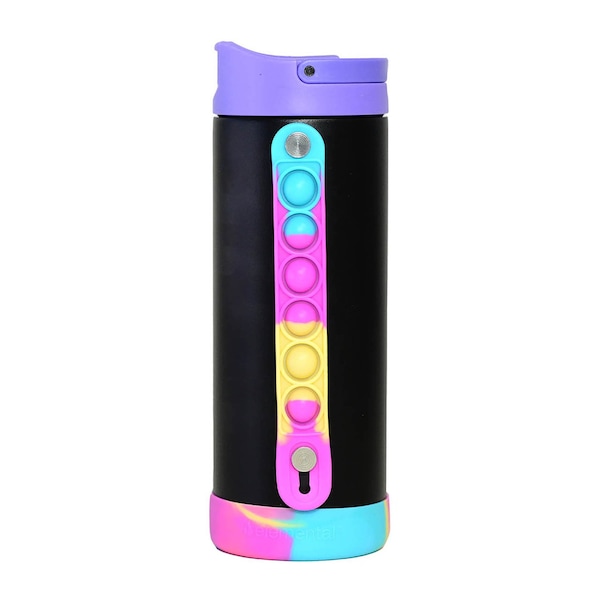 Elemental SS 14oz Fidget Water Bottle Thermos W/ Flip-open Sports Cap, Bubble Strap & 2 Straws, Blk Tie Dye - EB14BTD18P