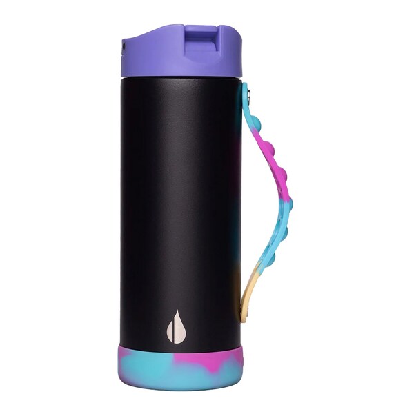Elemental SS 14oz Fidget Water Bottle Thermos W/ Flip-open Sports Cap, Bubble Strap & 2 Straws, Blk Tie Dye - EB14BTD18P
