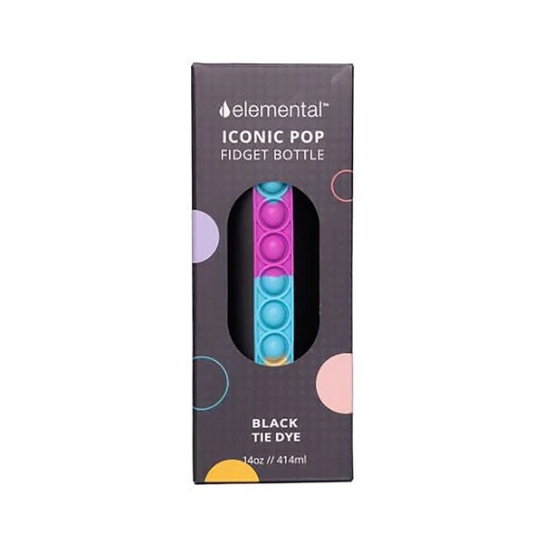 Elemental SS 14oz Fidget Water Bottle Thermos W/ Flip-open Sports Cap, Bubble Strap & 2 Straws, Blk Tie Dye - EB14BTD18P