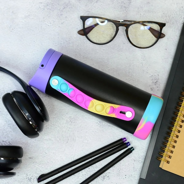 Elemental SS 14oz Fidget Water Bottle Thermos W/ Flip-open Sports Cap, Bubble Strap & 2 Straws, Blk Tie Dye - EB14BTD18P