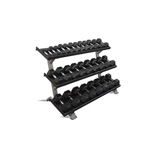 Fabrication Enterprises 69 in. 3-Tier Tray Style DB Rack with Rubber Hex Dumbbell Set - 15 Pair - 1914146