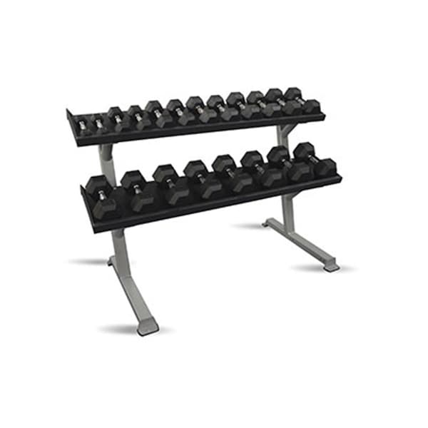 Fabrication Enterprises 69 in. 2-Tier Tray Style DB Rack with Rubber Hex Dumbbell Set - 10 Pair - 1913415