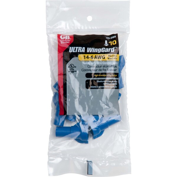 Conector de cables WingGard de Gardner Bender, cables del calibre 14 al 6, contacto de acero, material de carcasa termoplástica, azul - 25-089
